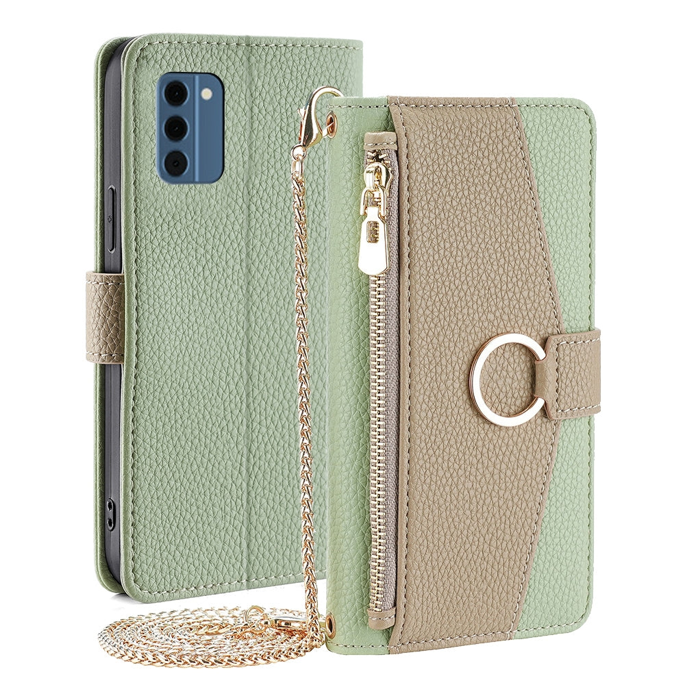 Nokia C300 4G Crossbody Phone Case with Litchi Texture Leather, Adjustable Kickstand, Card Slots, Zipper Purse, Makeup Mirror, and TPU Protection