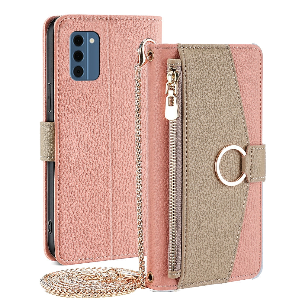 Nokia C300 4G Crossbody Phone Case with Litchi Texture Leather, Adjustable Kickstand, Card Slots, Zipper Purse, Makeup Mirror, and TPU Protection