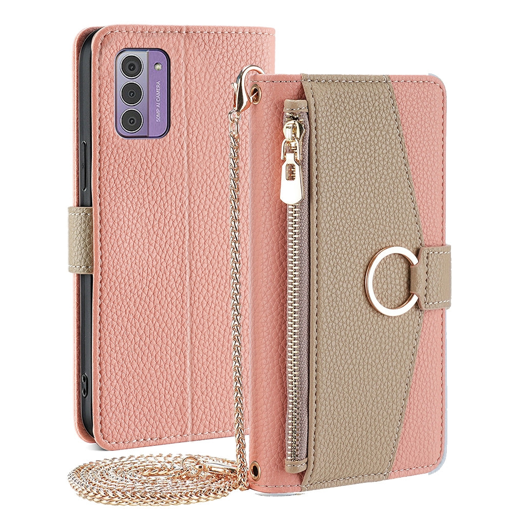 Nokia G42 5G Crossbody Phone Case with Litchi Texture Leather, Adjustable Kickstand, Card Slots, Zipper Purse, Makeup Mirror, and TPU Protection