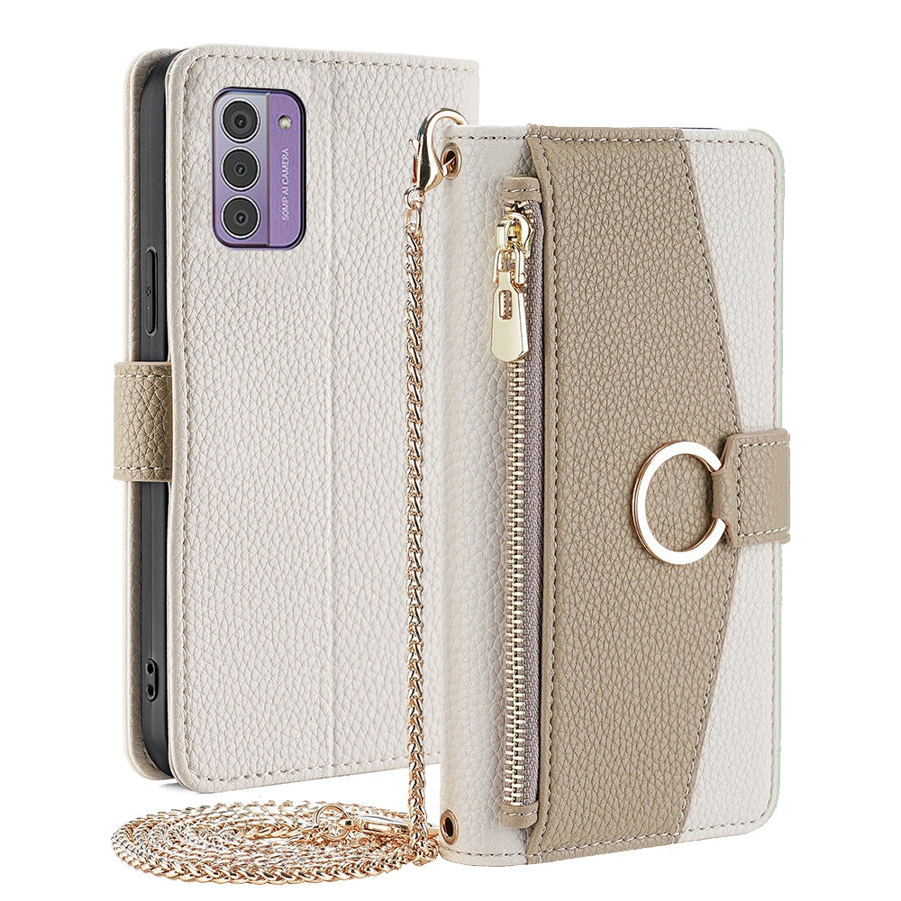 Nokia G42 5G Crossbody Phone Case with Litchi Texture Leather, Adjustable Kickstand, Card Slots, Zipper Purse, Makeup Mirror, and TPU Protection