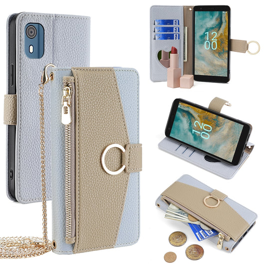 Nokia C02 TA-1522 Crossbody Phone Case with Litchi Texture Leather, Adjustable Kickstand, Card Slots, Zipper Purse, Makeup Mirror, and TPU Protection