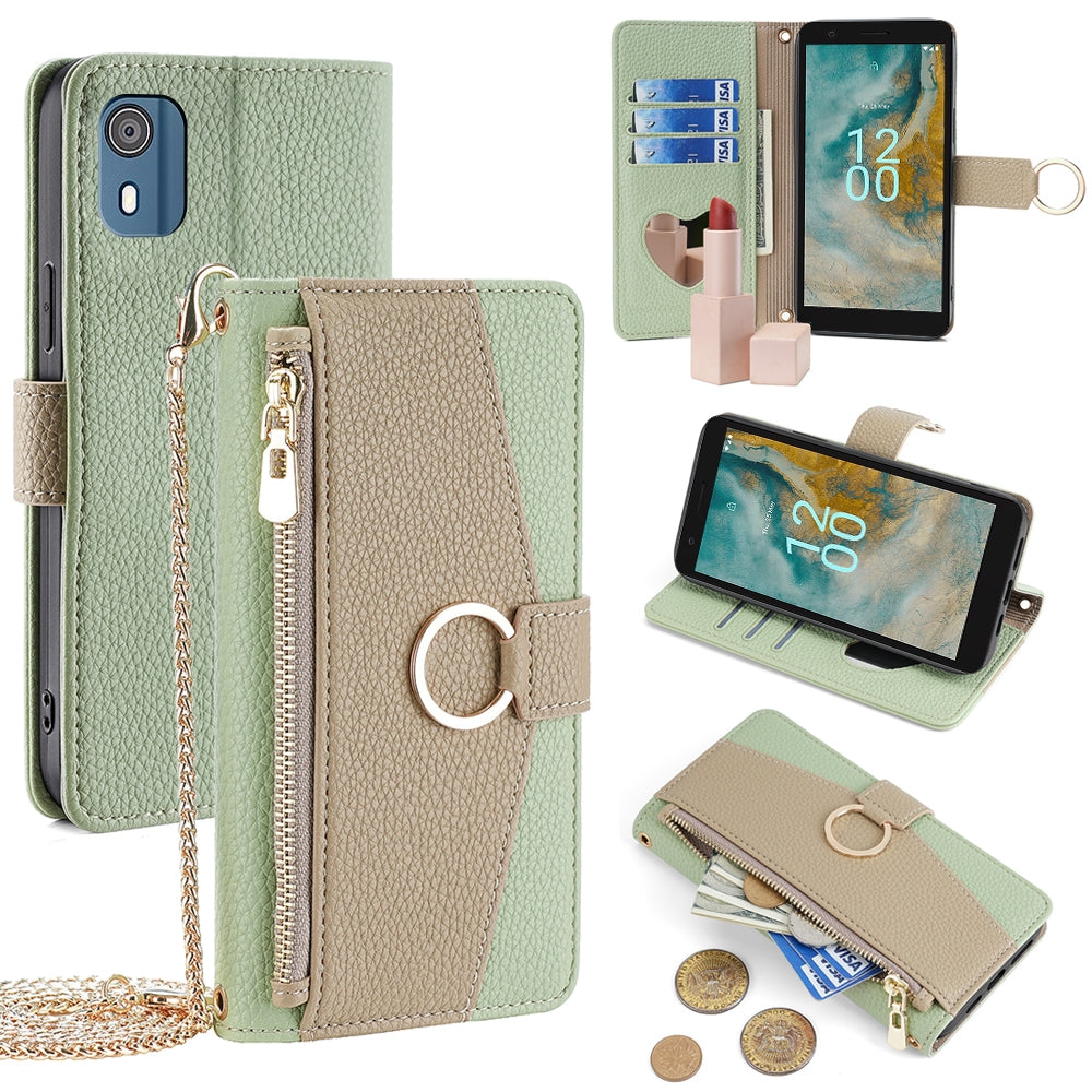Nokia C02 TA-1522 Crossbody Phone Case with Litchi Texture Leather, Adjustable Kickstand, Card Slots, Zipper Purse, Makeup Mirror, and TPU Protection