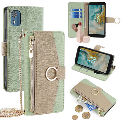 Nokia C02 TA-1522 Crossbody Phone Case with Litchi Texture Leather, Adjustable Kickstand, Card Slots, Zipper Purse, Makeup Mirror, and TPU Protection