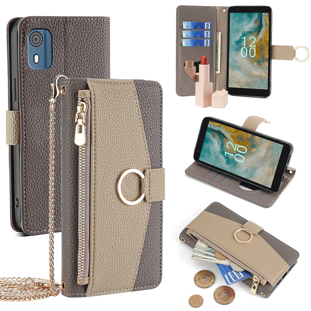 Nokia C02 TA-1522 Crossbody Phone Case with Litchi Texture Leather, Adjustable Kickstand, Card Slots, Zipper Purse, Makeup Mirror, and TPU Protection