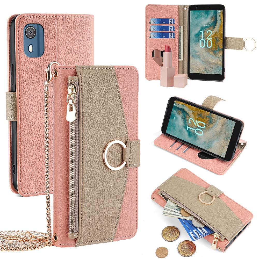 Nokia C02 TA-1522 Crossbody Phone Case with Litchi Texture Leather, Adjustable Kickstand, Card Slots, Zipper Purse, Makeup Mirror, and TPU Protection