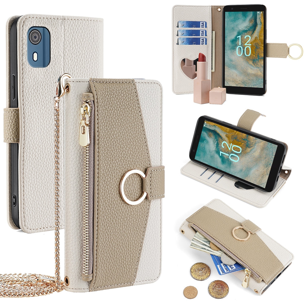 Nokia C02 TA-1522 Crossbody Phone Case with Litchi Texture Leather, Adjustable Kickstand, Card Slots, Zipper Purse, Makeup Mirror, and TPU Protection