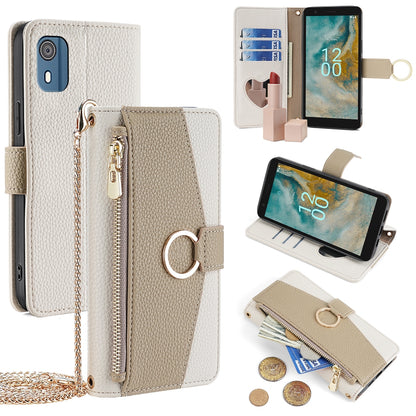 Nokia C02 TA-1522 Crossbody Phone Case with Litchi Texture Leather, Adjustable Kickstand, Card Slots, Zipper Purse, Makeup Mirror, and TPU Protection