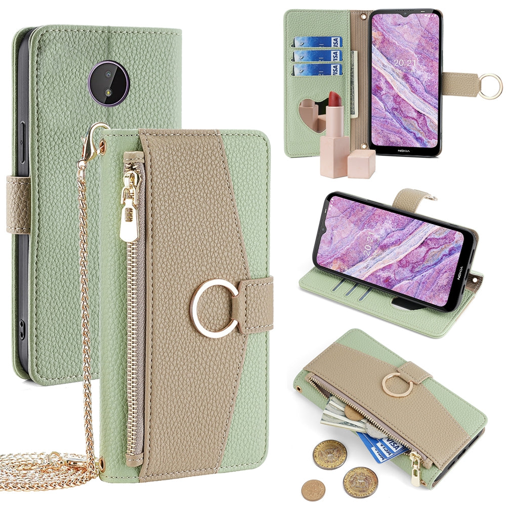 Nokia C10/C20 Crossbody Phone Case with Litchi Texture Leather, Adjustable Kickstand, Card Slots, Zipper Purse, Makeup Mirror, and TPU Protection