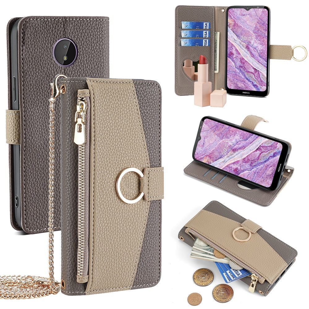 Nokia C10/C20 Crossbody Phone Case with Litchi Texture Leather, Adjustable Kickstand, Card Slots, Zipper Purse, Makeup Mirror, and TPU Protection