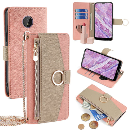 Nokia C10/C20 Crossbody Phone Case with Litchi Texture Leather, Adjustable Kickstand, Card Slots, Zipper Purse, Makeup Mirror, and TPU Protection