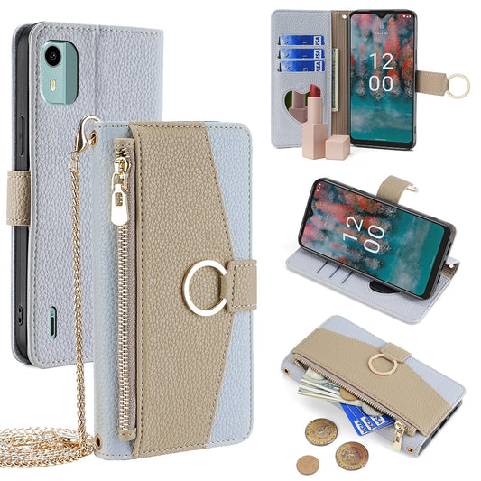 Nokia C12 Crossbody Phone Case with Litchi Texture Leather, Adjustable Kickstand, Card Slots, Zipper Purse, Makeup Mirror, and TPU Protection