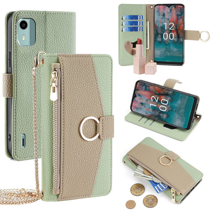 Nokia C12 Crossbody Phone Case with Litchi Texture Leather, Adjustable Kickstand, Card Slots, Zipper Purse, Makeup Mirror, and TPU Protection