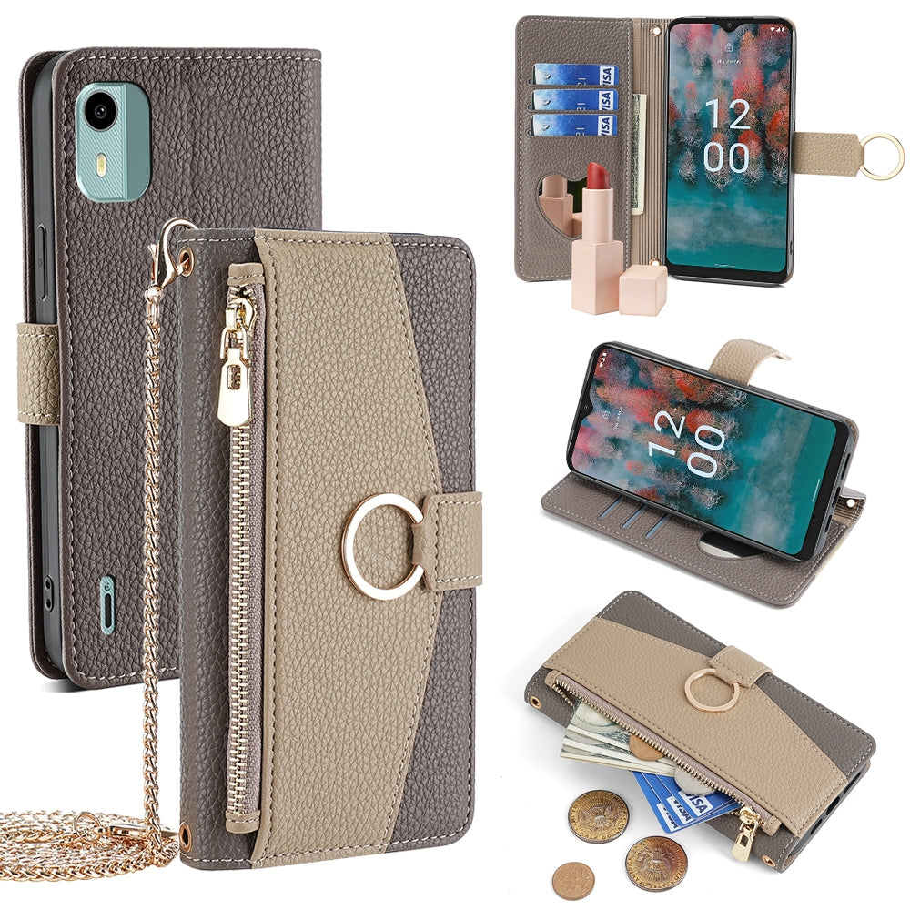 Nokia C12 Crossbody Phone Case with Litchi Texture Leather, Adjustable Kickstand, Card Slots, Zipper Purse, Makeup Mirror, and TPU Protection