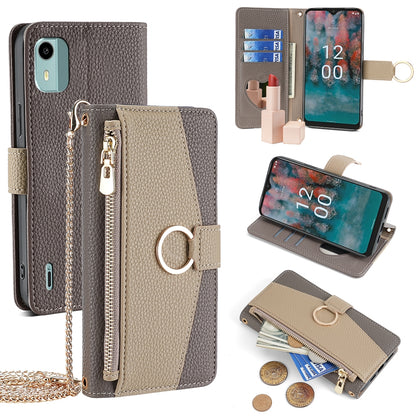 Nokia C12 Crossbody Phone Case with Litchi Texture Leather, Adjustable Kickstand, Card Slots, Zipper Purse, Makeup Mirror, and TPU Protection
