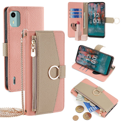 Nokia C12 Crossbody Phone Case with Litchi Texture Leather, Adjustable Kickstand, Card Slots, Zipper Purse, Makeup Mirror, and TPU Protection