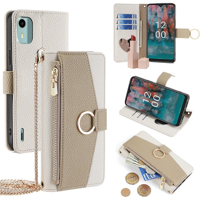 Nokia C12 Crossbody Phone Case with Litchi Texture Leather, Adjustable Kickstand, Card Slots, Zipper Purse, Makeup Mirror, and TPU Protection