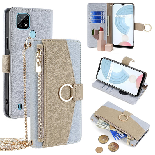 Nokia C21 Crossbody Phone Case with Litchi Texture Leather, Adjustable Kickstand, Card Slots, Zipper Purse, Makeup Mirror, and TPU Protection