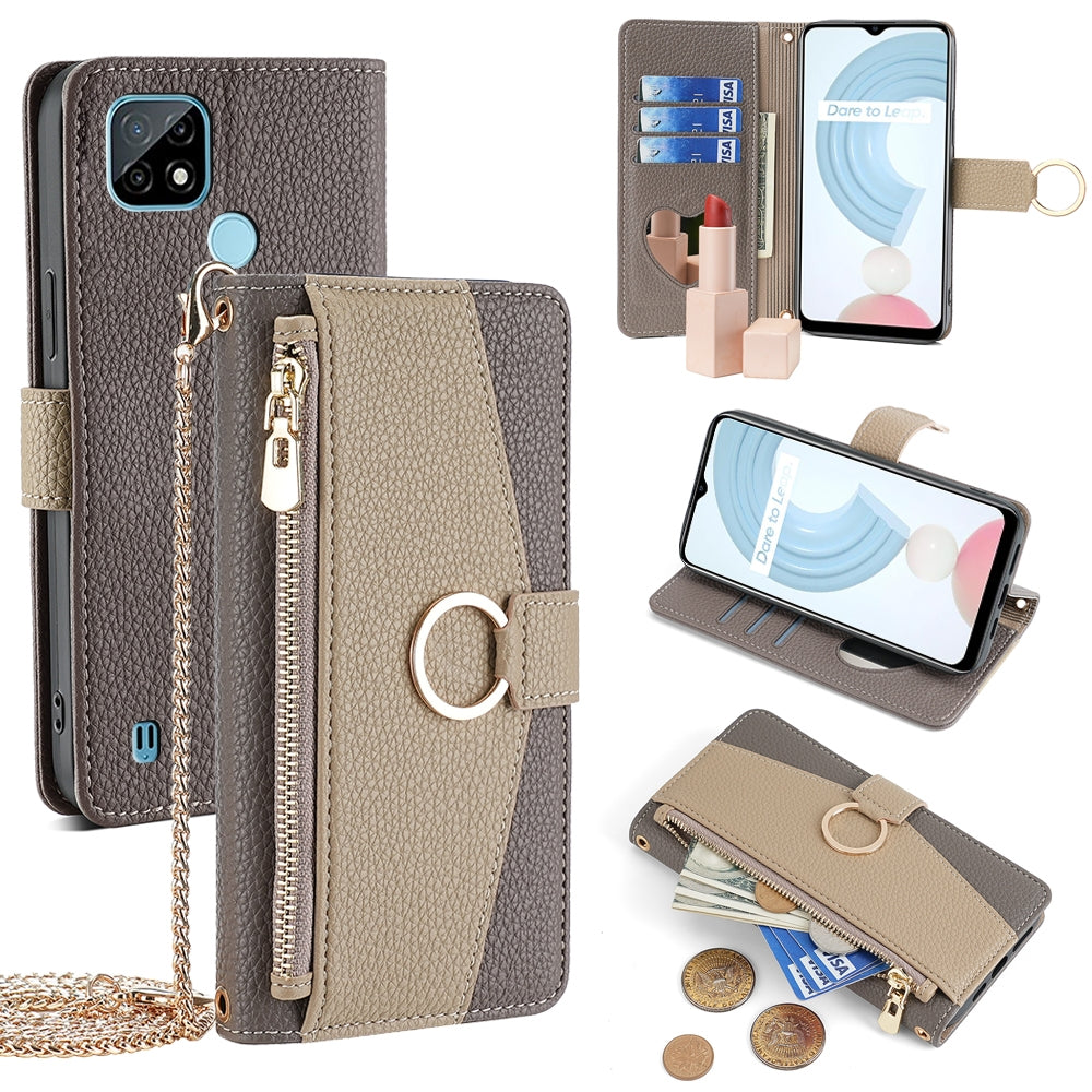 Nokia C21 Crossbody Phone Case with Litchi Texture Leather, Adjustable Kickstand, Card Slots, Zipper Purse, Makeup Mirror, and TPU Protection