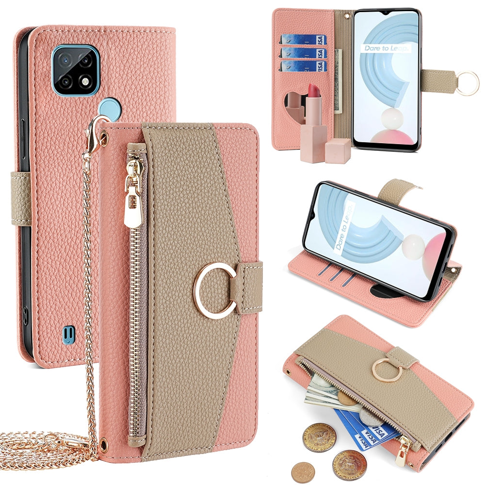 Nokia C21 Crossbody Phone Case with Litchi Texture Leather, Adjustable Kickstand, Card Slots, Zipper Purse, Makeup Mirror, and TPU Protection