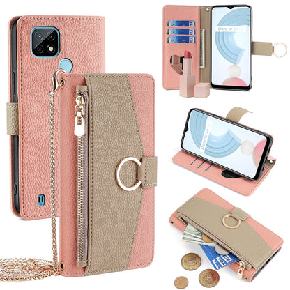 Nokia C21 Crossbody Phone Case with Litchi Texture Leather, Adjustable Kickstand, Card Slots, Zipper Purse, Makeup Mirror, and TPU Protection