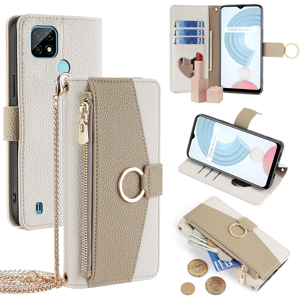 Nokia C21 Crossbody Phone Case with Litchi Texture Leather, Adjustable Kickstand, Card Slots, Zipper Purse, Makeup Mirror, and TPU Protection