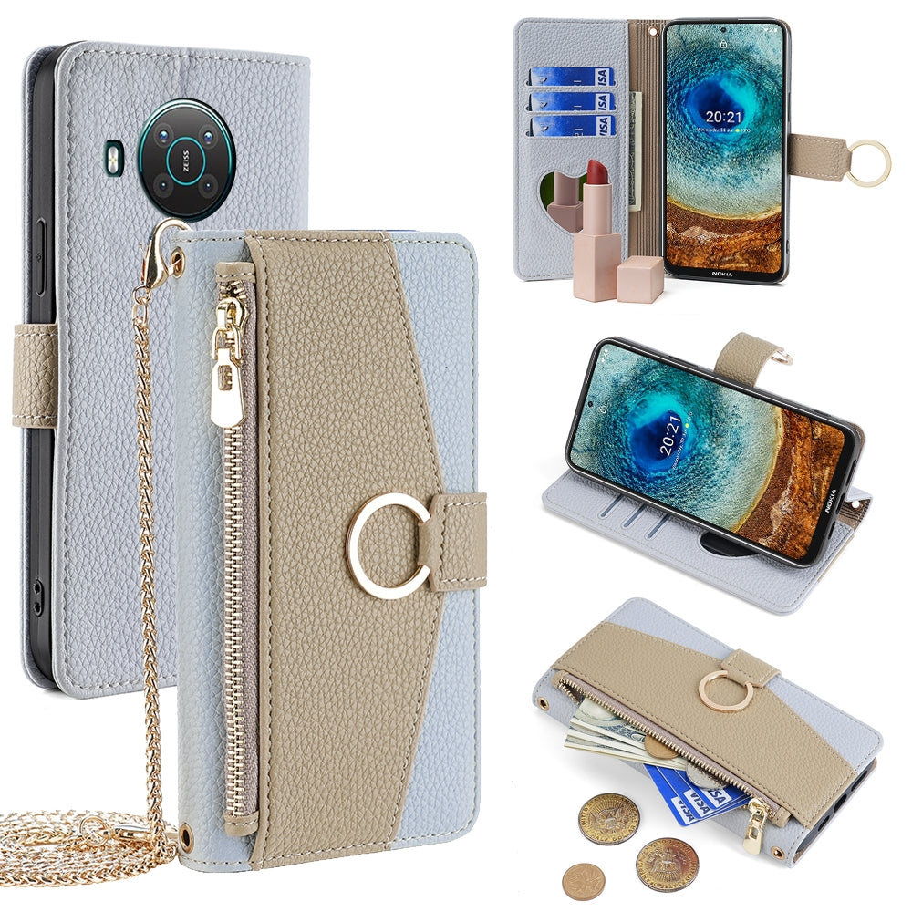 Nokia X10/X20 Crossbody Phone Case with Litchi Texture Leather, Adjustable Kickstand, Card Slots, Zipper Purse, Makeup Mirror, and TPU Protection