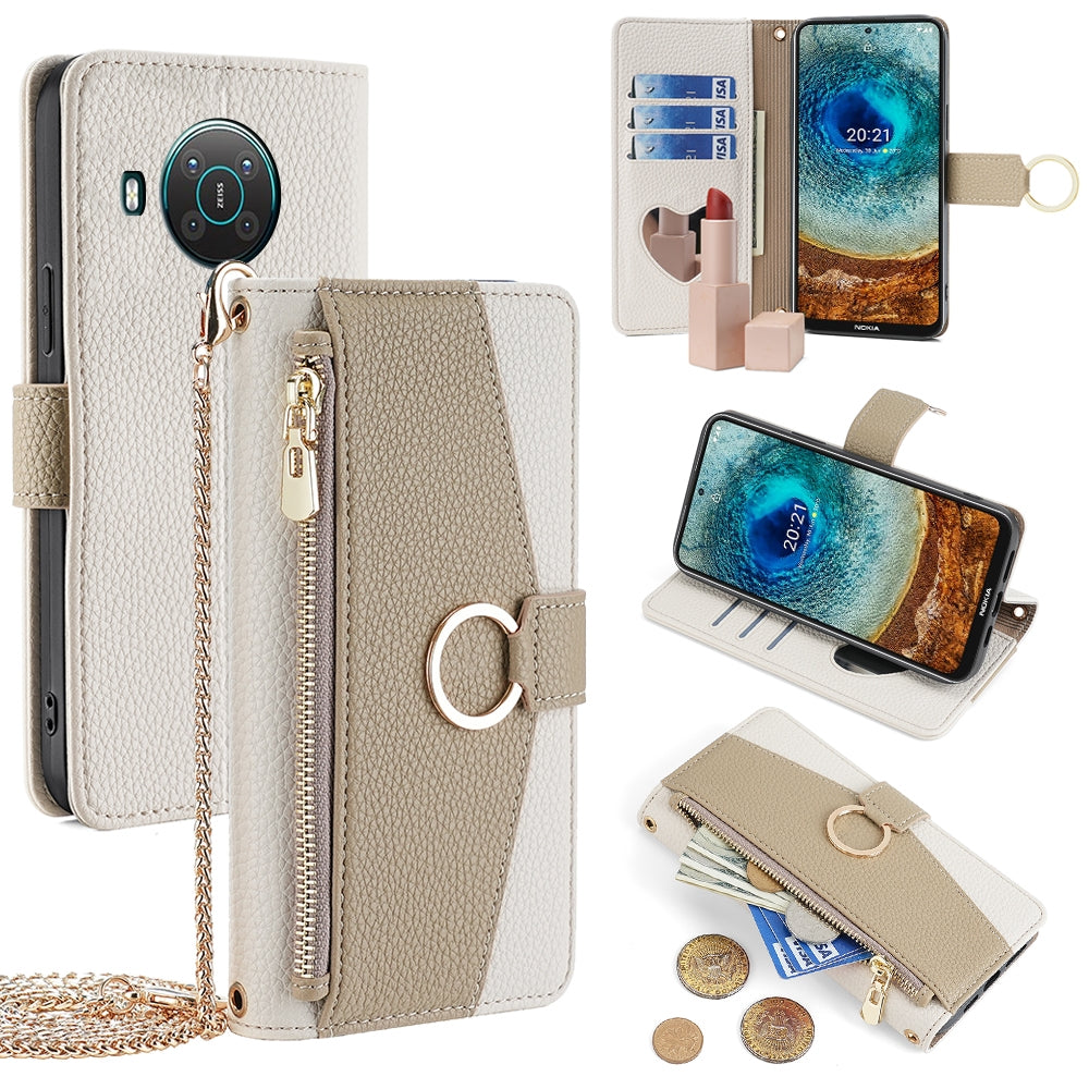 Nokia X10/X20 Crossbody Phone Case with Litchi Texture Leather, Adjustable Kickstand, Card Slots, Zipper Purse, Makeup Mirror, and TPU Protection