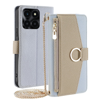Honor X6a 4G Crossbody Phone Case with Litchi Texture Leather, Adjustable Kickstand, Card Slots, Zipper Purse, Makeup Mirror, and TPU Protection