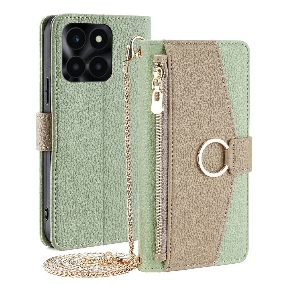 Honor X6a 4G Crossbody Phone Case with Litchi Texture Leather, Adjustable Kickstand, Card Slots, Zipper Purse, Makeup Mirror, and TPU Protection