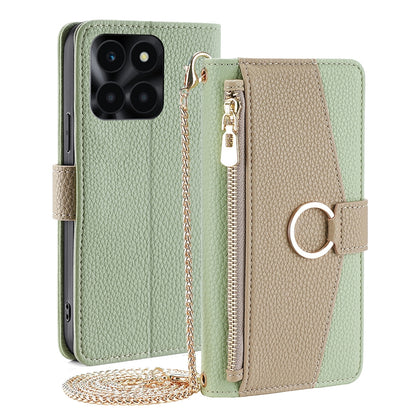 Honor X6a 4G Crossbody Phone Case with Litchi Texture Leather, Adjustable Kickstand, Card Slots, Zipper Purse, Makeup Mirror, and TPU Protection