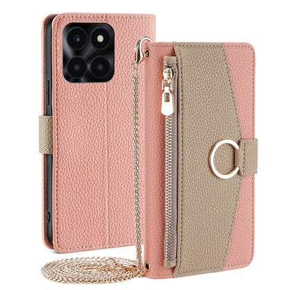 Honor X6a 4G Crossbody Phone Case with Litchi Texture Leather, Adjustable Kickstand, Card Slots, Zipper Purse, Makeup Mirror, and TPU Protection