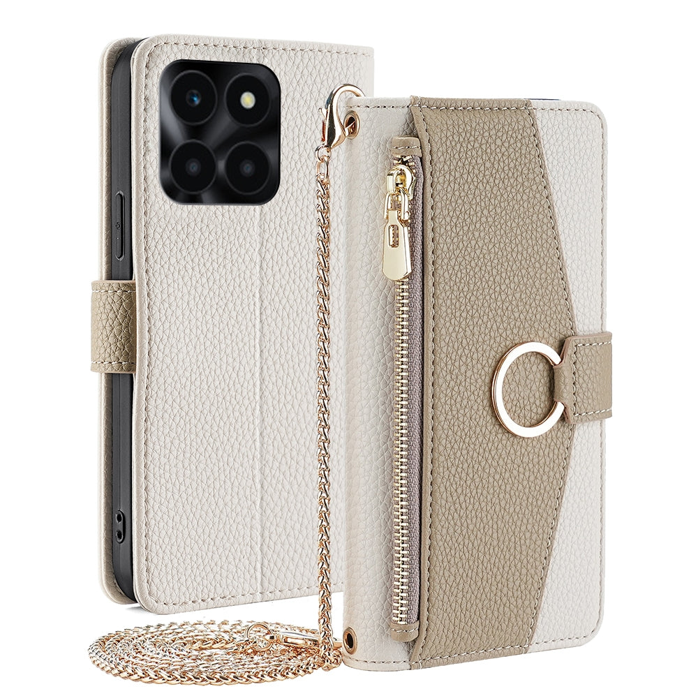 Honor X6a 4G Crossbody Phone Case with Litchi Texture Leather, Adjustable Kickstand, Card Slots, Zipper Purse, Makeup Mirror, and TPU Protection