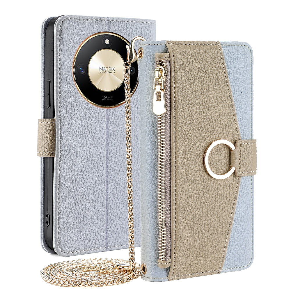Honor X50 5G Crossbody Phone Case with Litchi Texture Leather, Adjustable Kickstand, Card Slots, Zipper Purse, Makeup Mirror, and TPU Protection