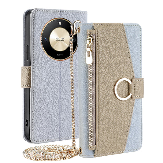Honor X50 5G Crossbody Phone Case with Litchi Texture Leather, Adjustable Kickstand, Card Slots, Zipper Purse, Makeup Mirror, and TPU Protection