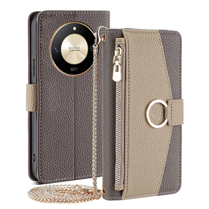 Honor X50 5G Crossbody Phone Case with Litchi Texture Leather, Adjustable Kickstand, Card Slots, Zipper Purse, Makeup Mirror, and TPU Protection