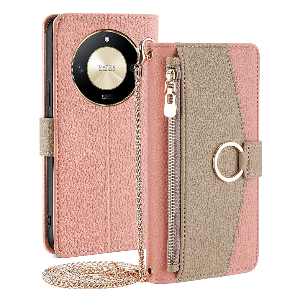 Honor X50 5G Crossbody Phone Case with Litchi Texture Leather, Adjustable Kickstand, Card Slots, Zipper Purse, Makeup Mirror, and TPU Protection