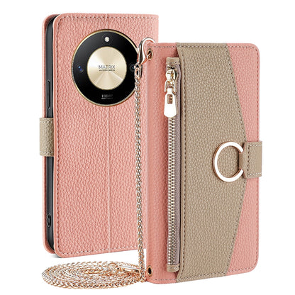 Honor X50 5G Crossbody Phone Case with Litchi Texture Leather, Adjustable Kickstand, Card Slots, Zipper Purse, Makeup Mirror, and TPU Protection
