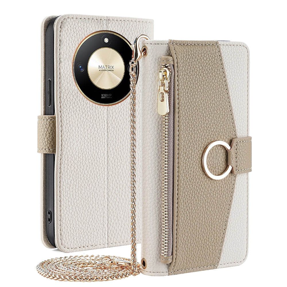 Honor X50 5G Crossbody Phone Case with Litchi Texture Leather, Adjustable Kickstand, Card Slots, Zipper Purse, Makeup Mirror, and TPU Protection