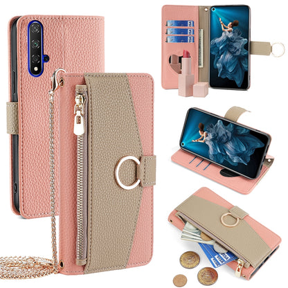 Honor 20 Crossbody Phone Case with Litchi Texture Leather, Adjustable Kickstand, Card Slots, Zipper Purse, Makeup Mirror, and TPU Protection