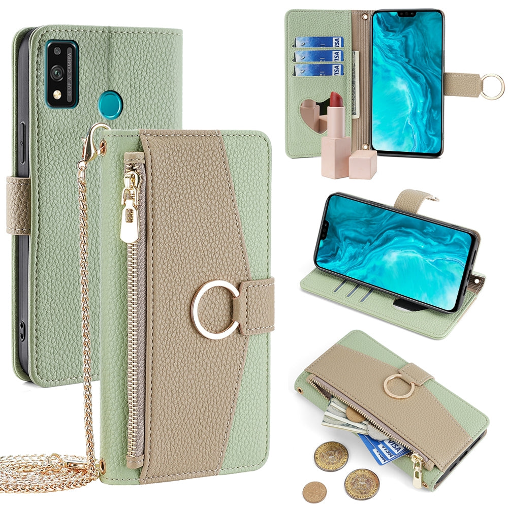 Honor 9X Lite Crossbody Phone Case with Litchi Texture Leather, Adjustable Kickstand, Card Slots, Zipper Purse, Makeup Mirror, and TPU Protection