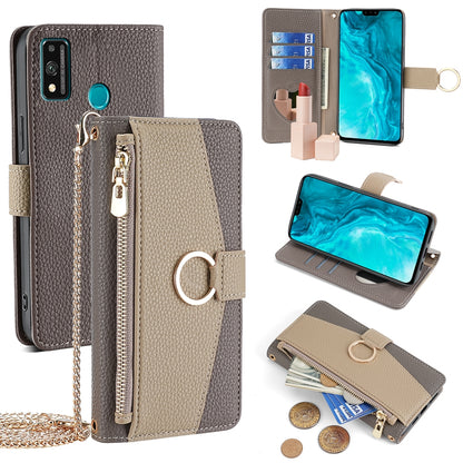 Honor 9X Lite Crossbody Phone Case with Litchi Texture Leather, Adjustable Kickstand, Card Slots, Zipper Purse, Makeup Mirror, and TPU Protection
