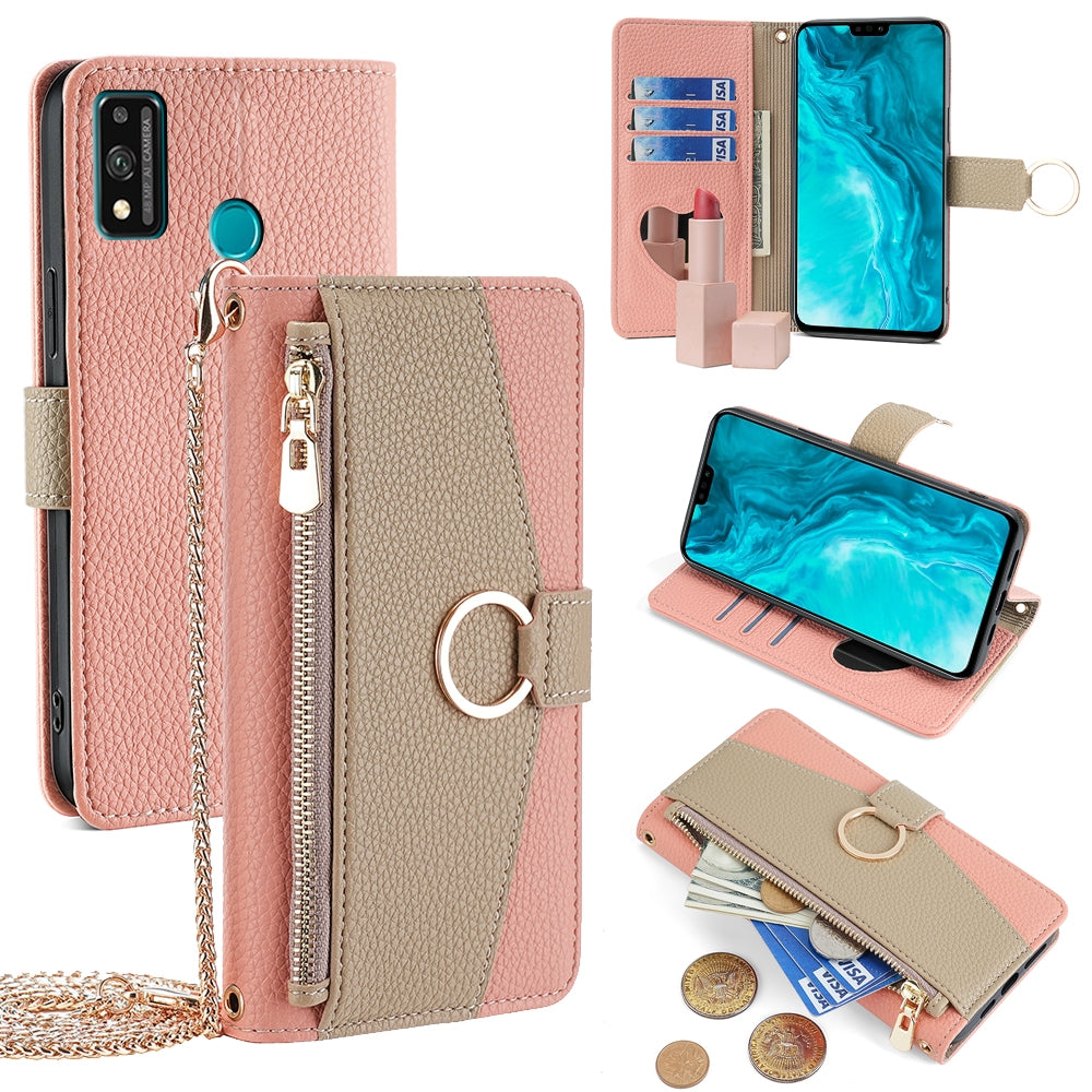 Honor 9X Lite Crossbody Phone Case with Litchi Texture Leather, Adjustable Kickstand, Card Slots, Zipper Purse, Makeup Mirror, and TPU Protection