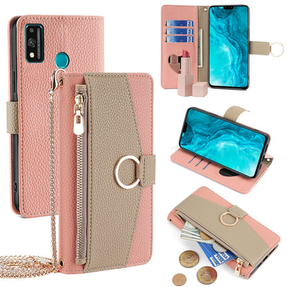 Honor 9X Lite Crossbody Phone Case with Litchi Texture Leather, Adjustable Kickstand, Card Slots, Zipper Purse, Makeup Mirror, and TPU Protection