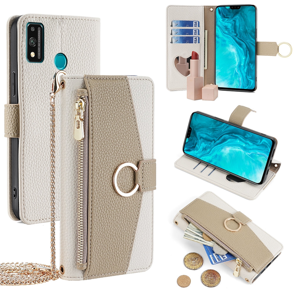 Honor 9X Lite Crossbody Phone Case with Litchi Texture Leather, Adjustable Kickstand, Card Slots, Zipper Purse, Makeup Mirror, and TPU Protection