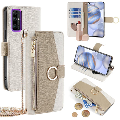 Honor 30 Crossbody Phone Case with Litchi Texture Leather, Adjustable Kickstand, Card Slots, Zipper Purse, Makeup Mirror, and TPU Protection