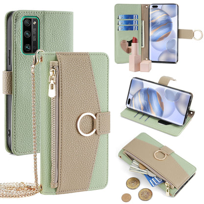 Honor 30 Pro Crossbody Phone Case with Litchi Texture Leather, Adjustable Kickstand, Card Slots, Zipper Purse, Makeup Mirror, and TPU Protection
