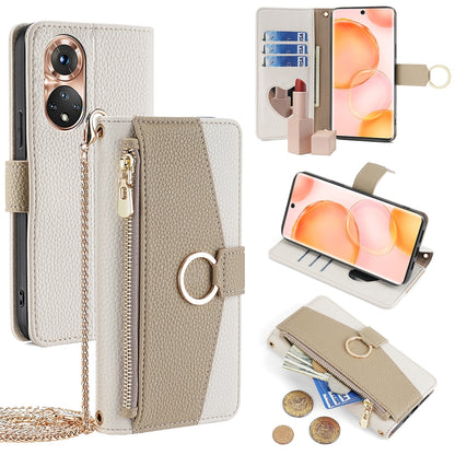 Honor 50 Crossbody Phone Case with Litchi Texture Leather, Adjustable Kickstand, Card Slots, Zipper Purse, Makeup Mirror, and TPU Protection
