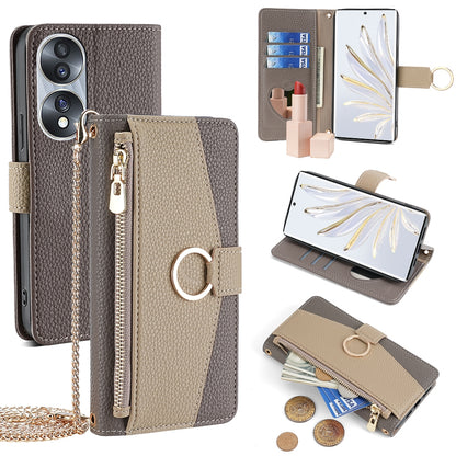 Honor 70 Crossbody Phone Case with Litchi Texture Leather, Adjustable Kickstand, Card Slots, Zipper Purse, Makeup Mirror, and TPU Protection