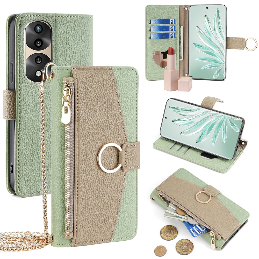 Honor 70 Pro/70 Pro+ Crossbody Phone Case with Litchi Texture Leather, Adjustable Kickstand, Card Slots, Zipper Purse, Makeup Mirror, and TPU Protection