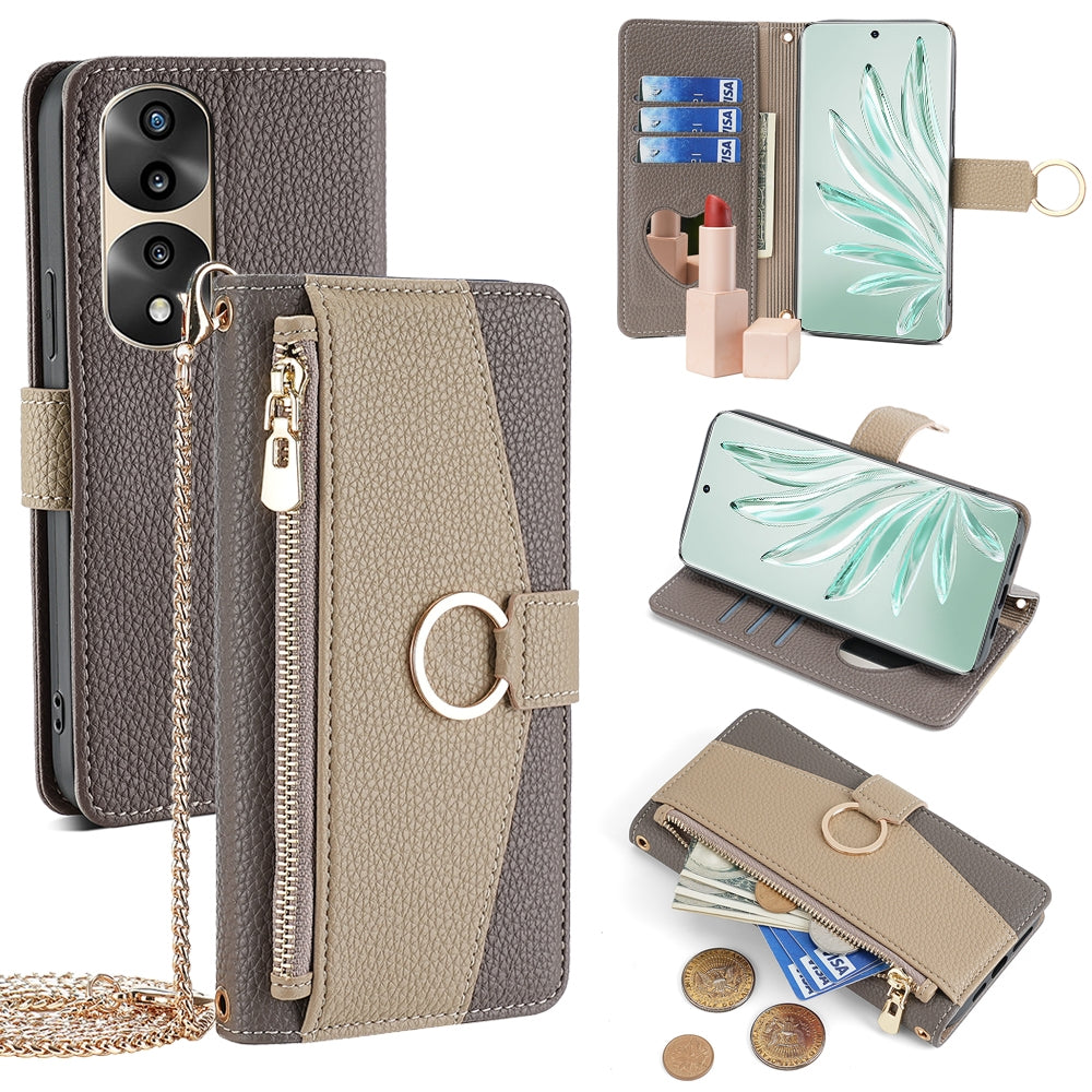 Honor 70 Pro/70 Pro+ Crossbody Phone Case with Litchi Texture Leather, Adjustable Kickstand, Card Slots, Zipper Purse, Makeup Mirror, and TPU Protection